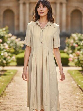 Rareism Women's Enbarry Midi Dress Beige Button Down Collared Short Sleeve M